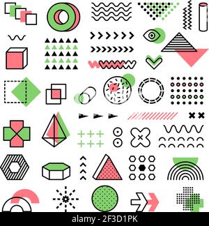 Memphis graphic. 90s fashion geometrical lines dots modern shapes triangles vector funkie memphis forms Stock Vector