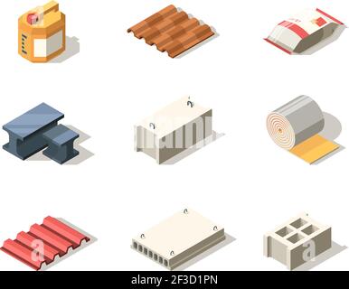 Construction materials. Pile bitumen sack sand roofing slab wall decoration vector isometric collection for builders Stock Vector