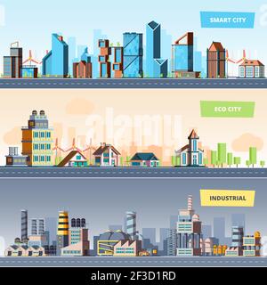 Urban landscape. Industrial smart and eco city modern buildings air pollution vector flat banners Stock Vector