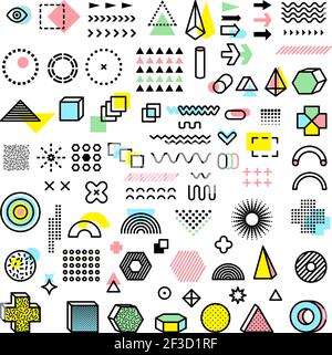 Memphis design. Modern funkie graphic fashion forms geometrical shapes dots lines triangles circles vector templates Stock Vector
