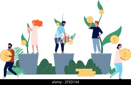 Growth money. Businessman standing near growth coins investment or cash profit vector concept flat pictures