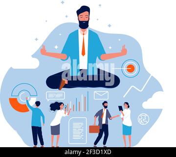 Meditation concept. Big person sitting in lotus pose emotional stress at work vector healthcare business background Stock Vector