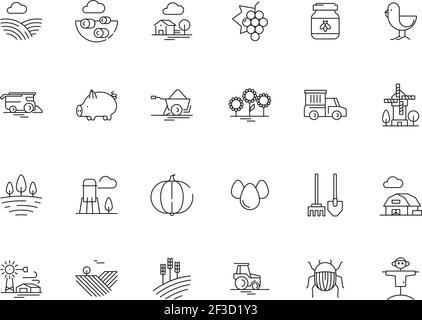 Farm symbols. Rural field landscape agricultural objects mill tractor wheat trees vector outline graphics Stock Vector