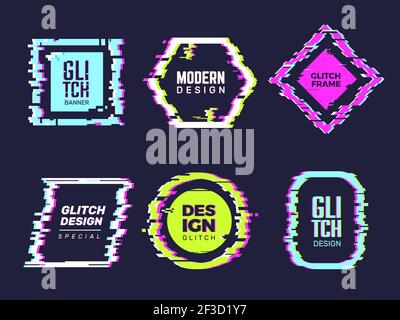 Glitch banners. Hipster poster distortion glitch broken frames and text badges template vector abstract forms Stock Vector
