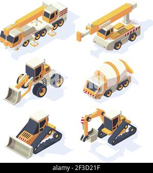 Construction equipments. Machinery isometric building technics cars cranes excavator digger hydraulic vehicle vector set Stock Vector