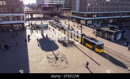 Famous Alexanderplatz Square in Berlin from above - aerial view - CITY OF BERLIN, GERMANY - MARCH 11, 2021 Stock Photo