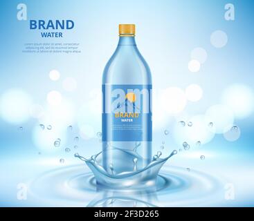 Water advertizing. Clean transparent bottle standing in liquid splashes and drops of water vector realistic placard Stock Vector