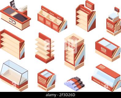 Grocery store furniture. Checkout tables shelves shopping carts fridges supermarket isometric items vector Stock Vector