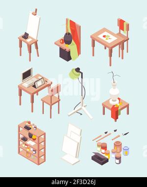 Art studio. Items for artists paints brushes with easels working tools for designers vector isometric collection Stock Vector