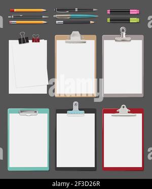 Clipboard. Office supplies blank sheet notes on tablet vector clipboard realistic collection Stock Vector
