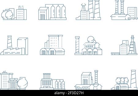 Factory icon. Industrial energy production building with big pipe steam factory vector linear symbols Stock Vector