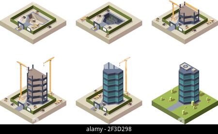 Stage construction isometric. High modern building skyscraper architecture vector techniques pictures Stock Vector