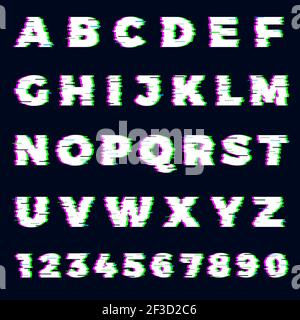Glitch font. Destroyer alphabet letters dynamic screen effect gaming typography font vector template Stock Vector