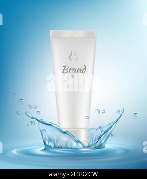 Cosmetic ads. Water liquid splashes drops with cosmetics tubes or bottles for beauty woman skin care elegant realistic vector poster Stock Vector