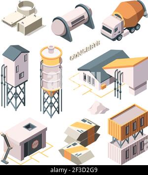 Concrete production. Cement factory industry material technology concrete mixer transport tanks vector isometric Stock Vector