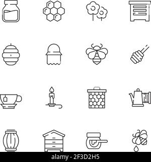 Honey symbols. Apiary icons flowers honeybee liquid drops jar vector natural healthy products pictograms Stock Vector