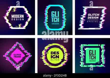 Glitch cards. Abstract distorshion frames damaged square glitched shapes geometric trendy vector forms identity templates Stock Vector