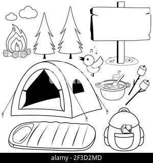 Camping objects and equipment collection. Black and white coloring page Stock Photo