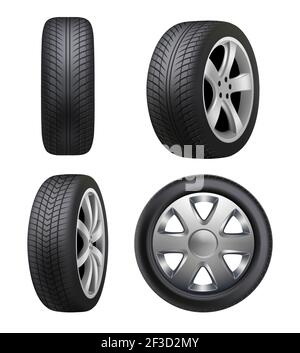 Tyres realistic. Automobile wheeling vector tyres for cars pictures isolated Stock Vector
