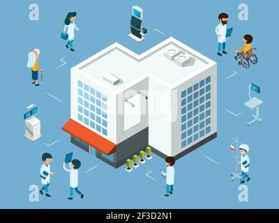Hospital concept. Isometric doctors, medical equipment and patients. Modern hospital vector illustration Stock Vector