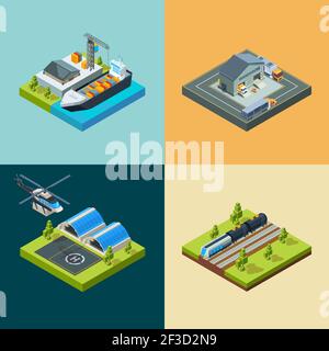 Logistic concept. Cargo transport shipping flying way railway trains and cars business carriage vector isometric vehicle Stock Vector