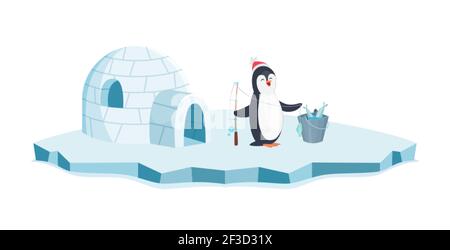 Happy penguin fishing. Christmas penguin on ice and bucket of fish vector illustration. Cartoon animal isolated on white background Stock Vector