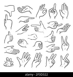 Hands gestures. Human pointing hands showing thumbs up down like best vector doodle set Stock Vector