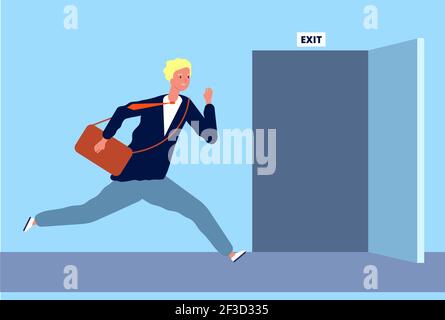 Male run to exit. Businessman fast moving to opening door evacuation or emergency escape out from office place vector character Stock Vector