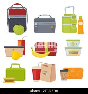 Lunch boxes. School healthy daily food packages bag with fruits salad sandwich snacks products for kids vector cartoon collection Stock Vector