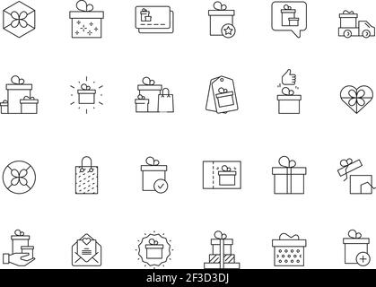 Gifts packages. Holiday boxes present icons with ribbons gifts cards offers vector symbols collection Stock Vector