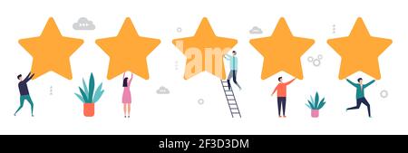 Rating concept. Survey results, feedback vector illustration. Five stars with flat tiny people Stock Vector