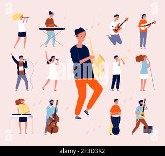 Music persons. Rock classical musical performing musicians singing and playing orchestra instruments guitar drum violin vector flat Stock Vector