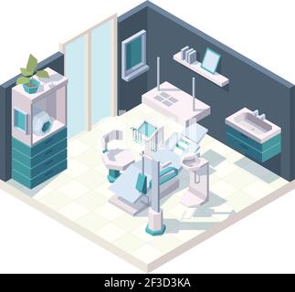 Dental cabinet. Clinic interior stomatology room with professional furniture dentists medical chair vector 3d isometric Stock Vector