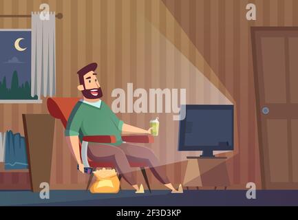Watching tv. Fat lazy unhealthy man sitting on sofa relaxing sedentary lifestyle person watch soccer vector background Stock Vector