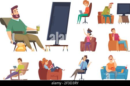 Sedentary characters. Lazy lifestyle people sitting reading chatting in smartphone watching tv unhealthy person with devices vector Stock Vector