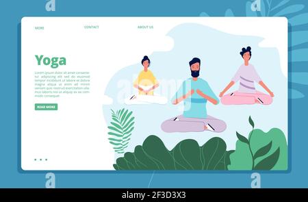 Meditation landing. Characters relax pose nature outdoor meditation healthcare fitness vector background template Stock Vector