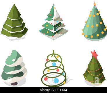 Christmas tree isometric. New year symbols plants decoration green xmas tree vector collection Stock Vector