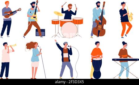 Musicians characters. Creative performing peoples in different poses playing at musical instruments and singing. Vector musicians Stock Vector