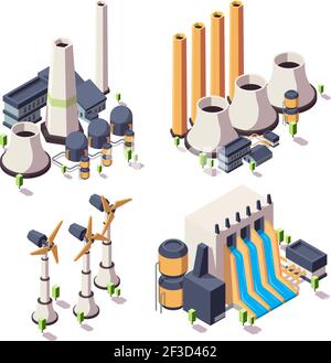 Nature energy factory. Powerful ecology geothermal building bio development sources vector isometric collection Stock Vector