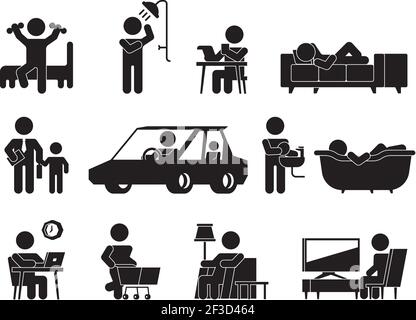 Daily lifestyle icon. Man or woman daily routine morning waking up eating computer working home night sleeping vector silhouettes Stock Vector