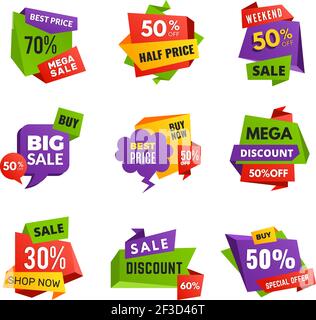 Special offer tags. Discount ads banners best selling promotional text colored sticker and labels vector badges collection Stock Vector