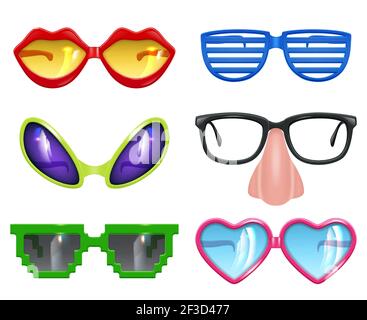 Party glasses. Masquerade realistic funny mask colored party fashion colored symbols vector set Stock Vector
