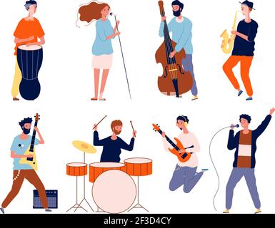 Music band characters. Rock group musicians singing and playing at instrument performing stage vector background Stock Vector