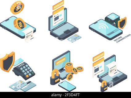 Online payments. Digital banking computer online orders financed connection smartphone wallet and cards vector isometric icons Stock Vector