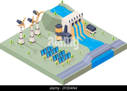 Hydropower factory. Solar plant water eco industry geothermal energy vector isometric concept Stock Vector