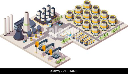 Oil factory. Gas industrial building tanks equipment chemical refineries plants vector isometric illustration Stock Vector