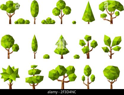 Low poly plants. Geometrical cartoon stylized trees green nature plants vector collection Stock Vector