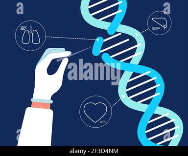 Dna analysis. Genome crispr cas9 biochemical farmacity medical engineering human gene mutation research chrommosomes vector background Stock Vector