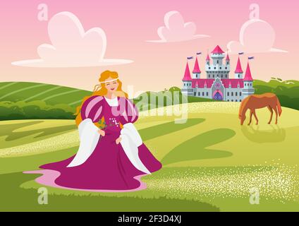 Beautiful happy princess or lady holding flowers, walking in meadow landscape near castle Stock Vector