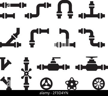 Pipe icons. Metal industry water pipelines valve constructions connectors steel vector pipes silhouettes Stock Vector